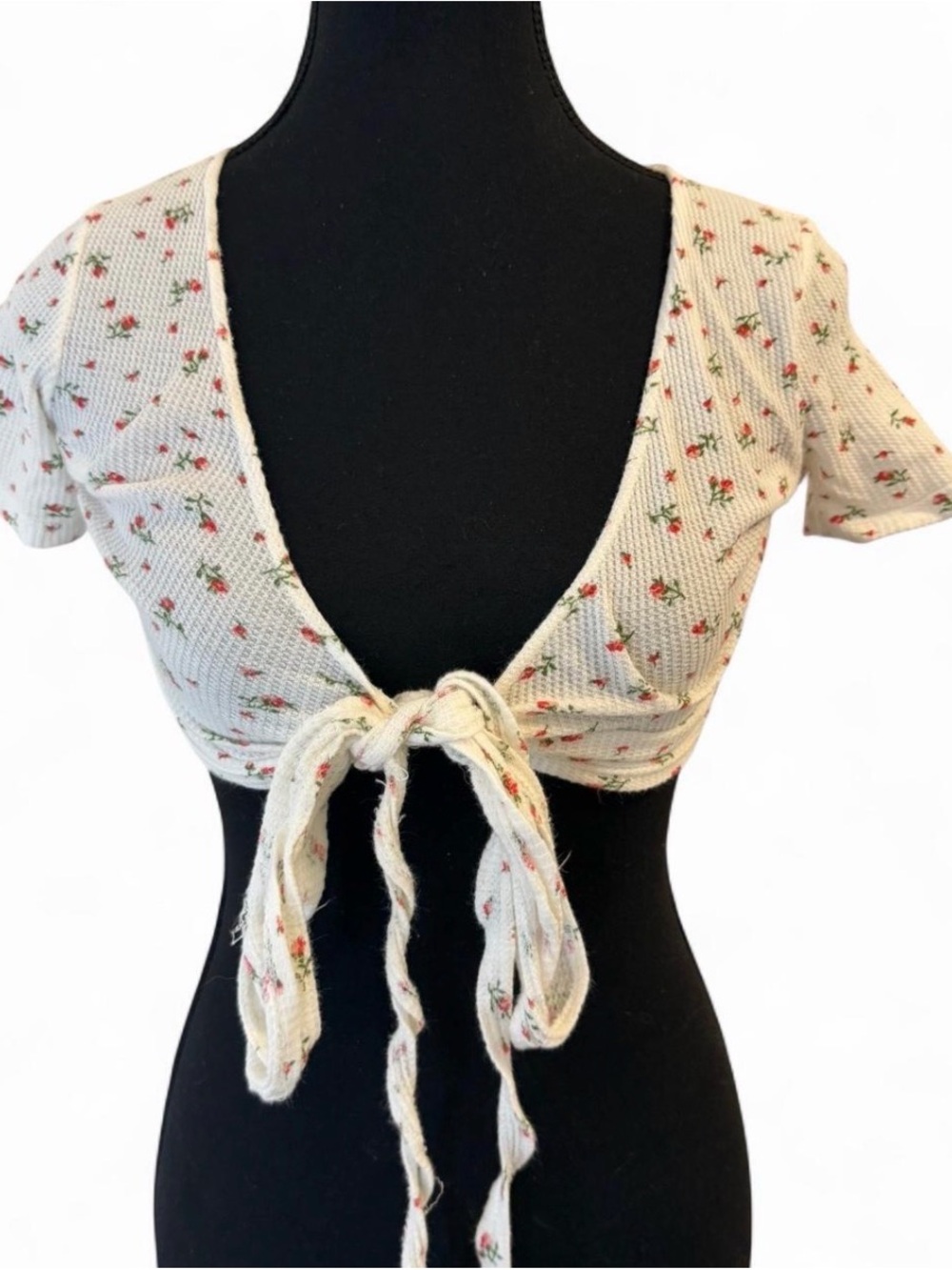 Brandy Melville Ivory Floral Tie-Front Crop Top with Red Buds